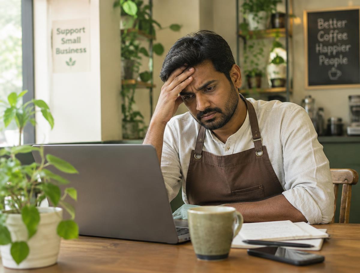 A business owner frustrated at his laptop
